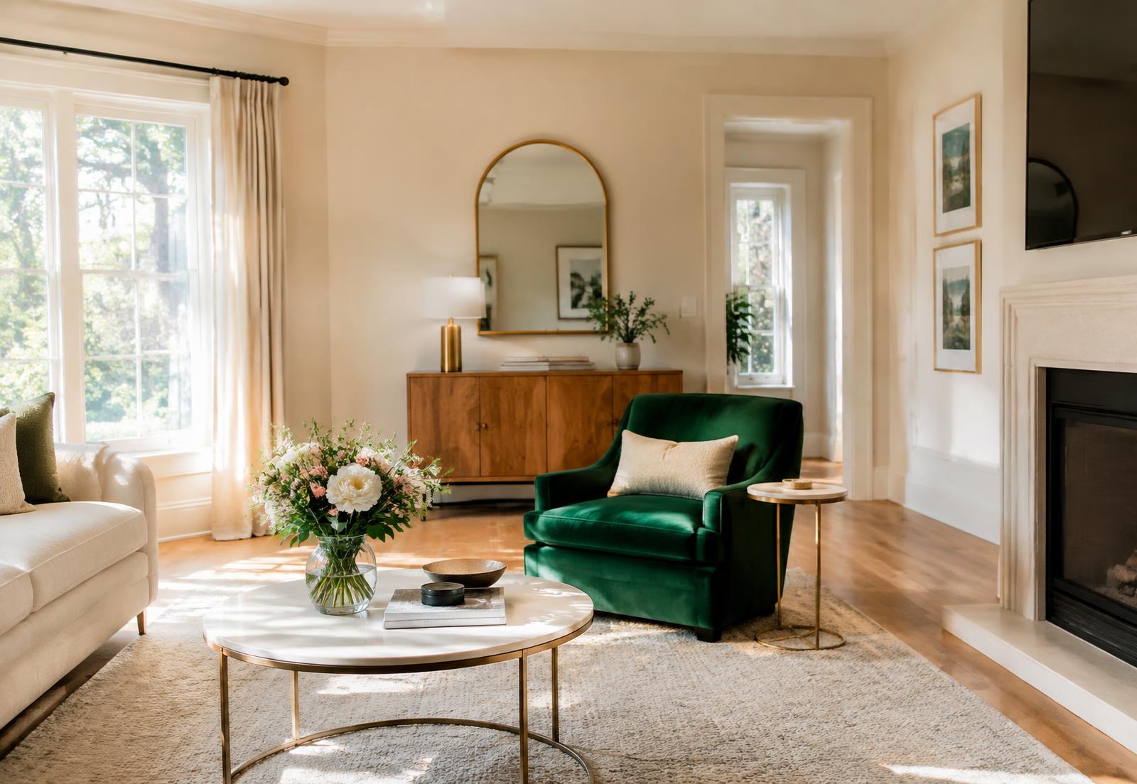 Salon lumineux et impeccable avec fauteuil vert émeraude et fleurs fraîches
